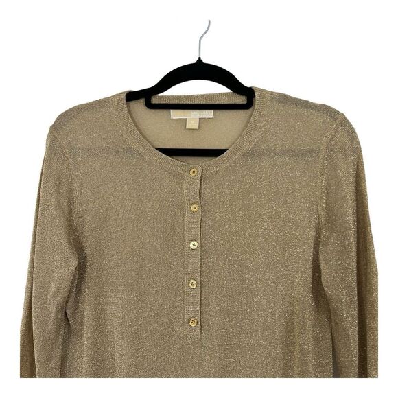 MICHEAL Michael Kors Womens Size Medium Sheer Gold Metallic Henley Sweater - Picture 2 of 4